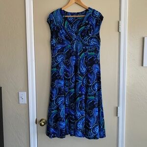 Chaps Paisley Knit Midi Dress Sz.XL Cap Sleeves V- neck Fit Flare